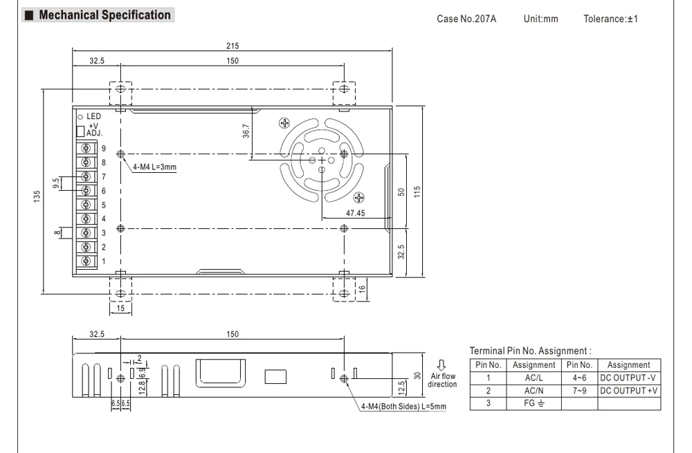 Mean Well LRS-350 mechanical drawing, 215 x 115 x 30 mm, terminal layout